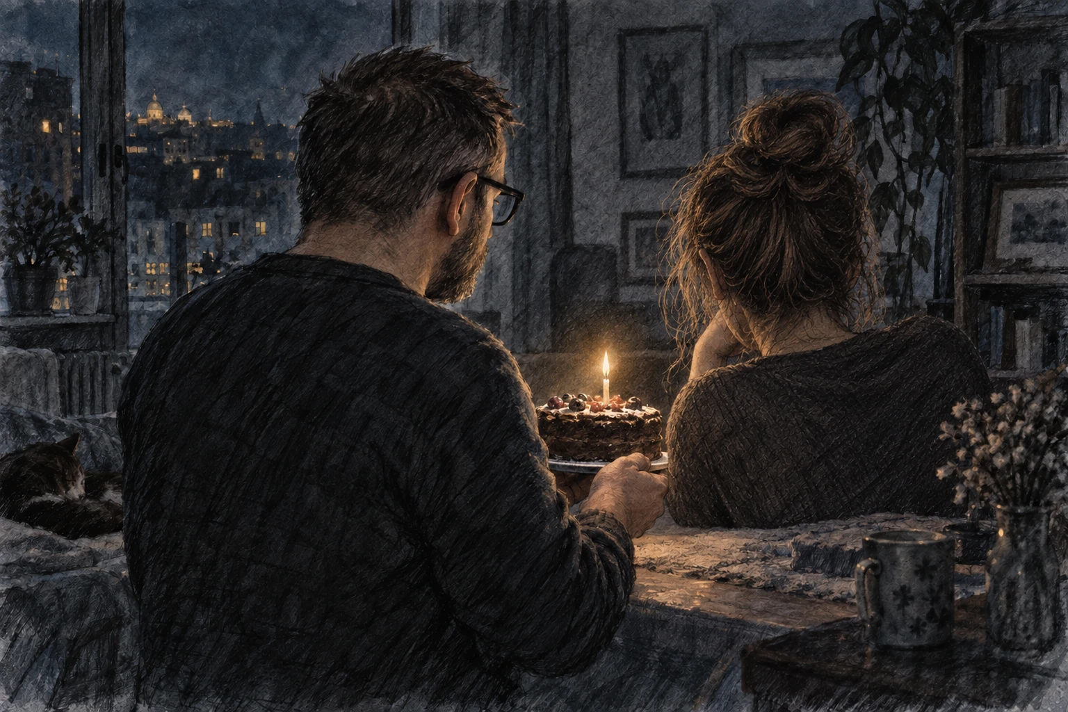 Komor rajzos születésnapi emlék: hátulról látható pár a születésnapi tortával, egyetlen gyertya fényében.