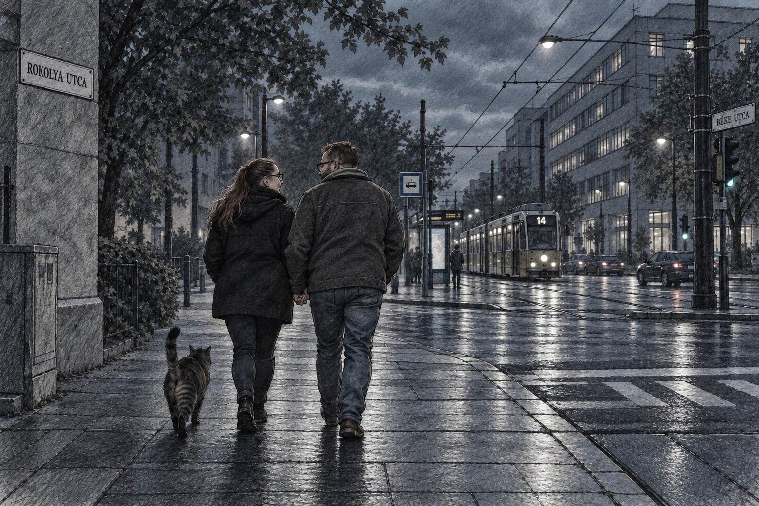 Rajzos emlék: kézen fogva sétáló pár és cirmos macska a Béke utca és Rokolya utca sarkát idéző, komor utcán.